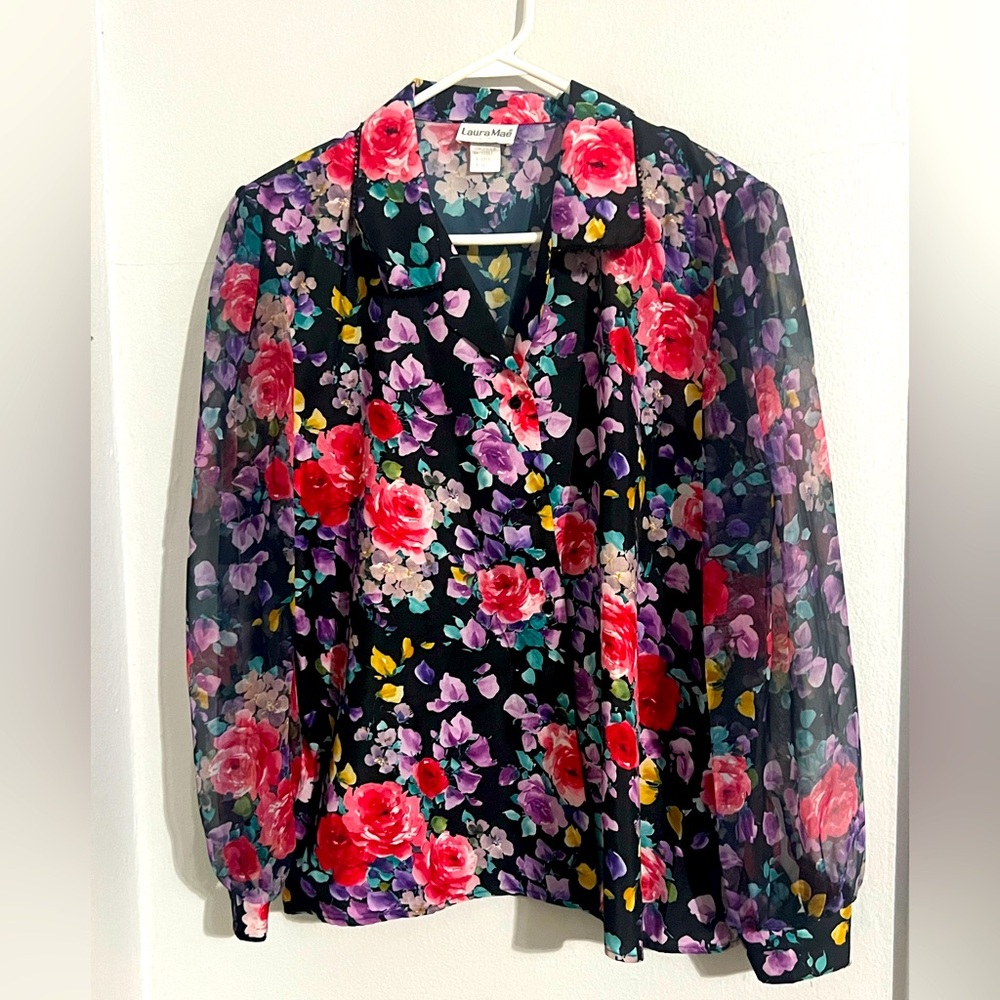 Plus size 16 Vintage Leslie Fay Blouse – Late 80s / Early 90s –Bold Floral Print